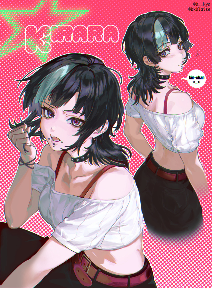 >_<, 1girl, artist_name, bare_shoulders, belt, black_hair, blunt_bangs, blush