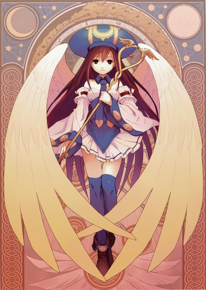 atelier_(series), atelier_iris, atelier_iris_eternal_mana, blue_legwear, brown_eyes, brown_hair, crescent_moon, detached_sleeves, futaba_jun, gust, hat, lita_blanchimont, long_hair, moon, necktie, official_art, ouse_kohime, scan, shoes, skirt, smile, solo, thigh-highs, thighhighs, wand, wings