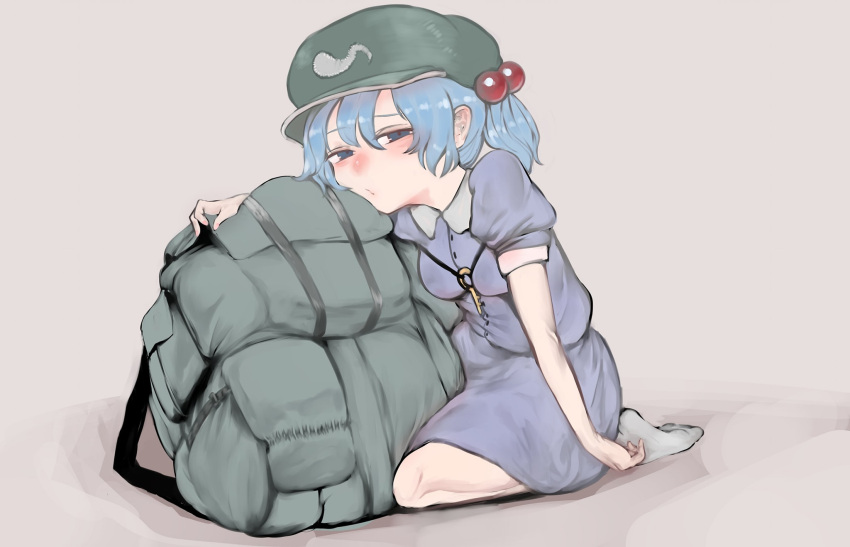 1girl, artist_request, backpack, bag, blue_dress, blue_eyes, blue_hair, blush, breasts, closed_mouth, colored_eyebrows, contrast_collar, dress, full_body, green_hat, hair_bobbles, hair_ornament, hat, head_rest, highres, holding, jewelry, kawashiro_nitori, key, key_necklace, necklace, object_between_breasts, short_hair, short_twintails, sitting, small_breasts, socks, solo, source_request, touhou, twintails, wariza, white_background, white_socks