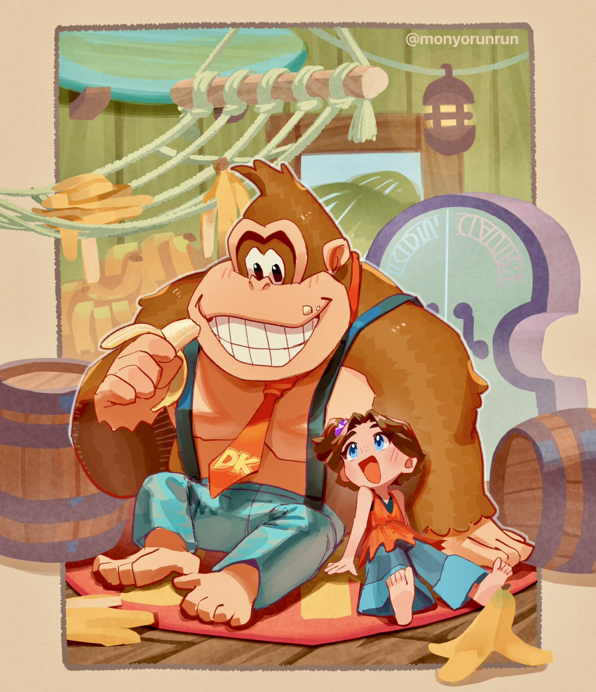 1boy, 1girl, :d, ape, banana, banana_peel, barefoot, barrel