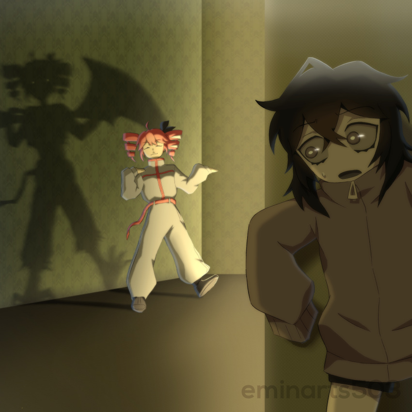 2girls, absurdres, artist_name, backrooms_(creepypasta), black_hair, brain_rot_(synthesizer_v), drill_hair, eminarts503