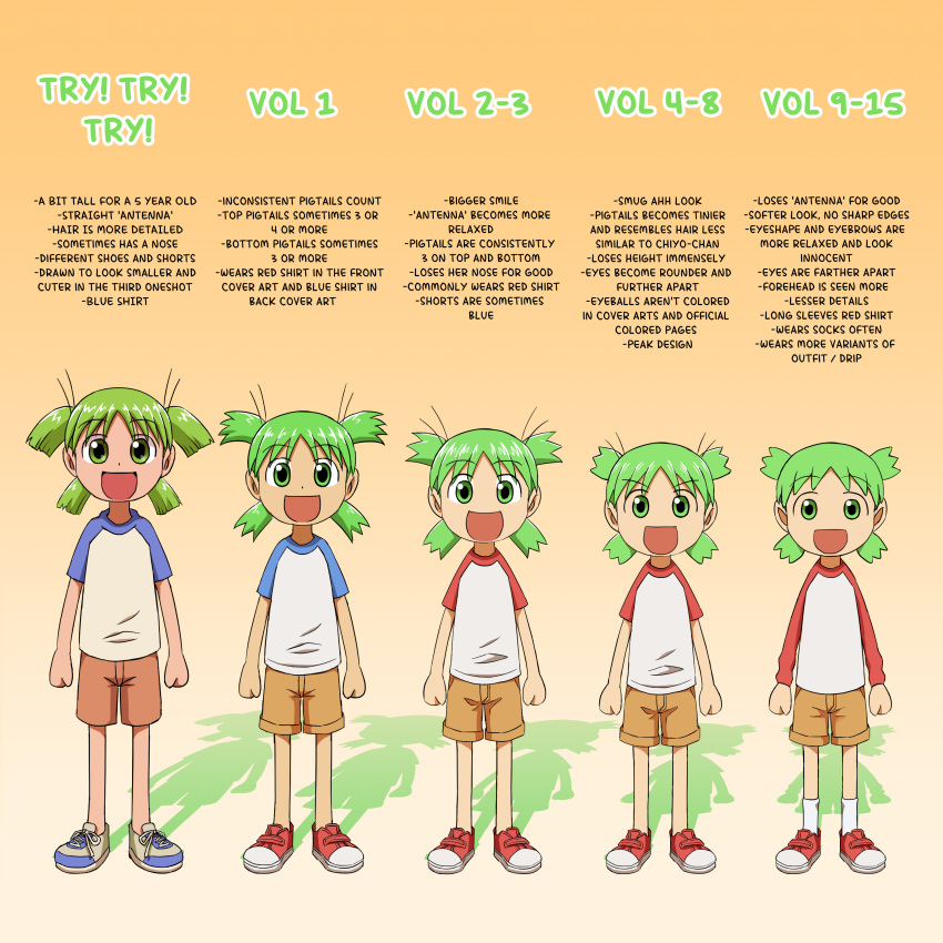 1girl, :d, absurdres, brown_shorts, child, comparison, eminarts503, english_text