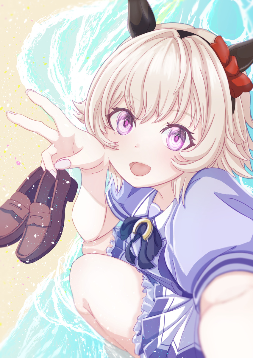 1girl, absurdres, animal_ears, beach, black_hairband, blush, bow, bowtie, breasts, curren_chan_(umamusume), ear_bow, ear_covers, grey_hair, hair_between_eyes, hairband, highres, holding, holding_shoes, holding_unworn_clothes, horse_ears, horse_girl, looking_at_viewer, neomeka, open_mouth, outstretched_arm, puffy_short_sleeves, puffy_sleeves, purple_bow, purple_bowtie, purple_shirt, reaching, reaching_towards_viewer, red_bow, sailor_collar, sailor_shirt, school_uniform, shirt, shoes, short_hair, short_sleeves, skirt, smile, solo, squatting, tracen_school_uniform, umamusume, unworn_shoes, violet_eyes, water, white_sailor_collar, white_skirt