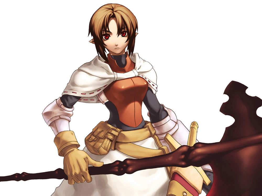 armor, armored_dress, bag, belt, brown_hair, dress, gloves, hillo