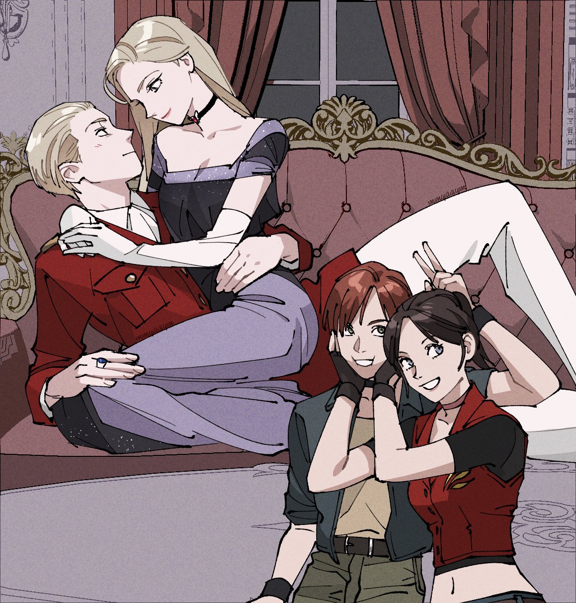 2boys, 2girls, alexia_ashford, alfred_ashford, blonde_hair, blue_eyes, brown_hair, choker