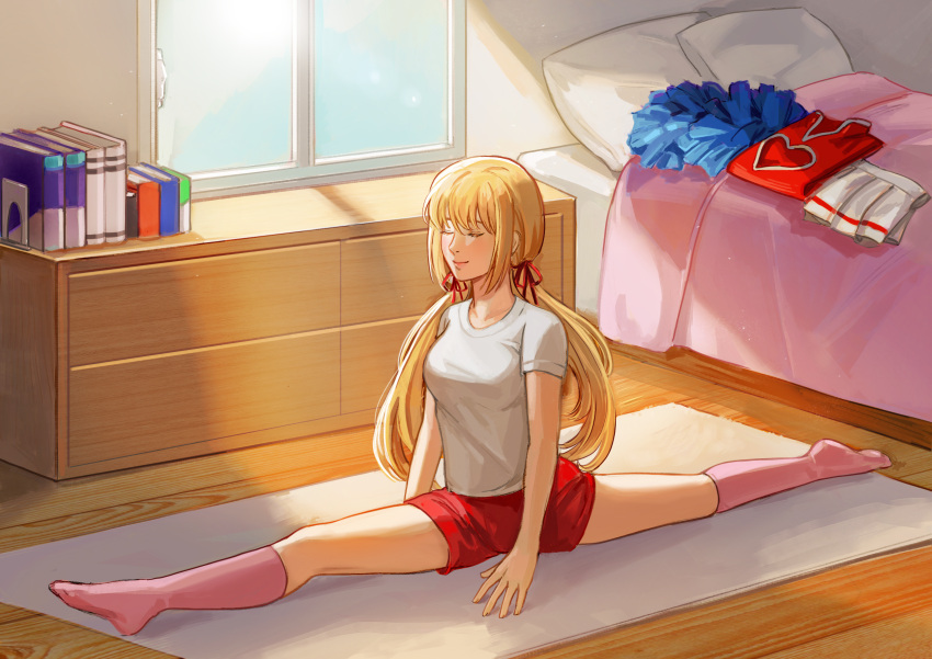 1girl, absurdres, bed, blanket, blonde_hair, book, breasts, chest_of_drawers