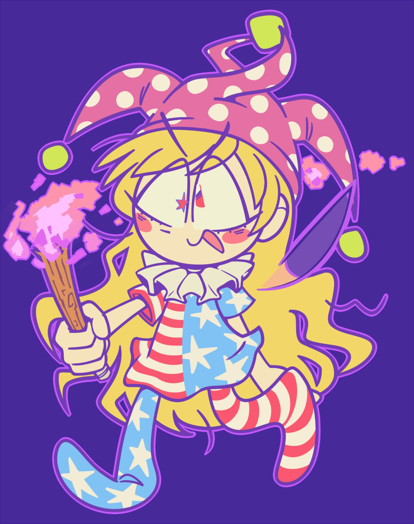 1girl, absurdres, american_flag_dress, american_flag_legwear, blonde_hair, blush_stickers, clownpiece, fairy_wings, hat, highres, holding, holding_torch, jester_cap, legacy_of_lunatic_kingdom, long_hair, mismatched_pupils, neck_ruff, open_mouth, polka_dot_headwear, purple_hat, red_eyes, short_sleeves, solo, star_(symbol), star_print, striped_clothes, toon_(style), torch, touhou, vaikazz, wings