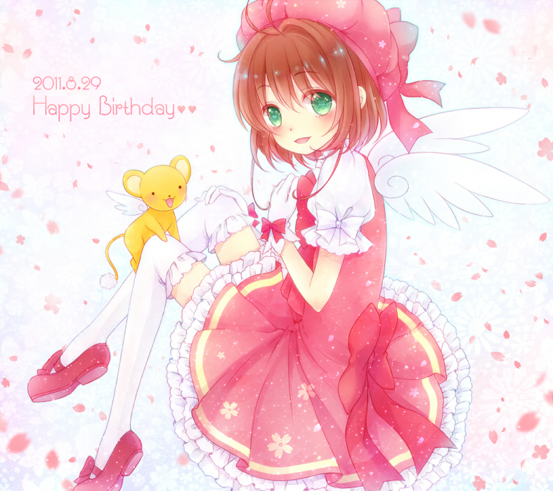 card_captor_sakura, cardcaptor_sakura, child, dress, gloves, green_eyes, kero, kinomoto_sakura
