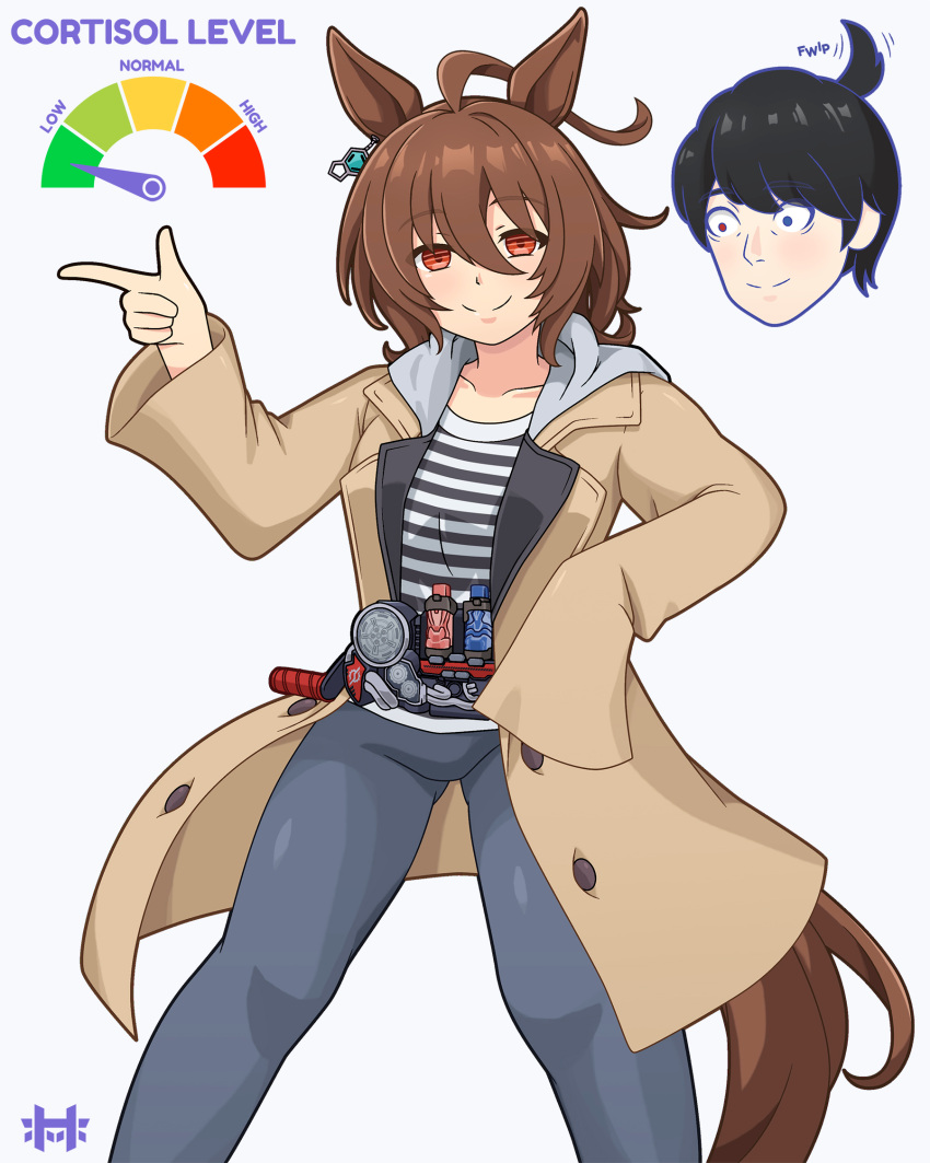 agnes_tachyon_(umamusume), ahoge, brown_coat, brown_hair, build_driver, coat, cortisol_level_(meme), cosplay
