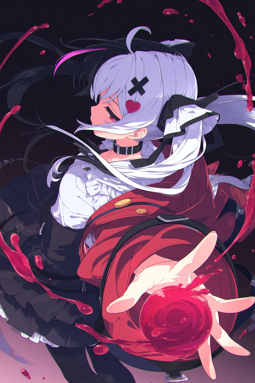 black_hair, blood, buttons, collar, commentary, dgle3370, english_commentary, frills