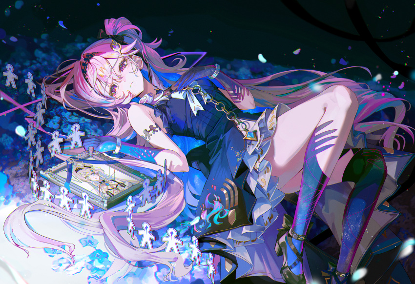 1girl, bare_shoulders, black_shoes, blue_hair, breasts, broken_picture_frame, closed_mouth, colored_extremities