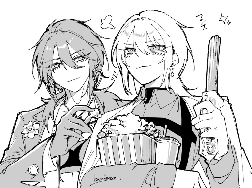 2girls, bunchiyoyo, chief_(path_to_nowhere), commentary_request, deren_(path_to_nowhere), female_chief_(path_to_nowhere), food, greyscale, highres, holding_churro, looking_at_another, monochrome, multiple_girls, path_to_nowhere, popcorn, upper_body