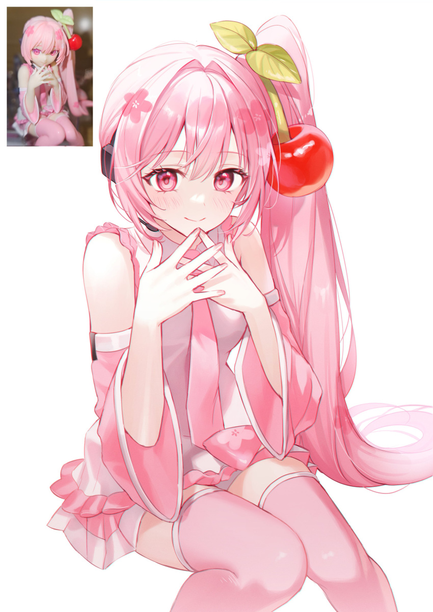 1girl, absurdres, bare_shoulders, blush, cherry_hair_ornament, closed_mouth, commentary, detached_sleeves