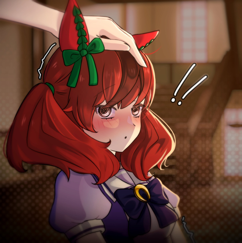 !, !!, 1girl, 1other, @_@, absurdres, animal_ears, blurry, blurry_background, blush, bow, bowtie, brown_eyes, brown_hair, commentary, ear_bow, ear_covers, green_bow, headpat, highres, horse_ears, horse_girl, horseshoe_ornament, long_hair, looking_at_viewer, multicolored_hair, nice_nature_(umamusume), open_mouth, puffy_short_sleeves, puffy_sleeves, purple_bow, purple_bowtie, rinacchi, sailor_collar, sailor_shirt, school_uniform, shirt, short_sleeves, streaked_hair, tracen_school_uniform, twintails, umamusume, upper_body, white_sailor_collar
