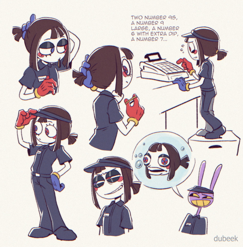 1boy, 1girl, artist_name, asymmetrical_gloves, big_smoke's_order_(meme), black_pants, black_shirt, blue_eyes