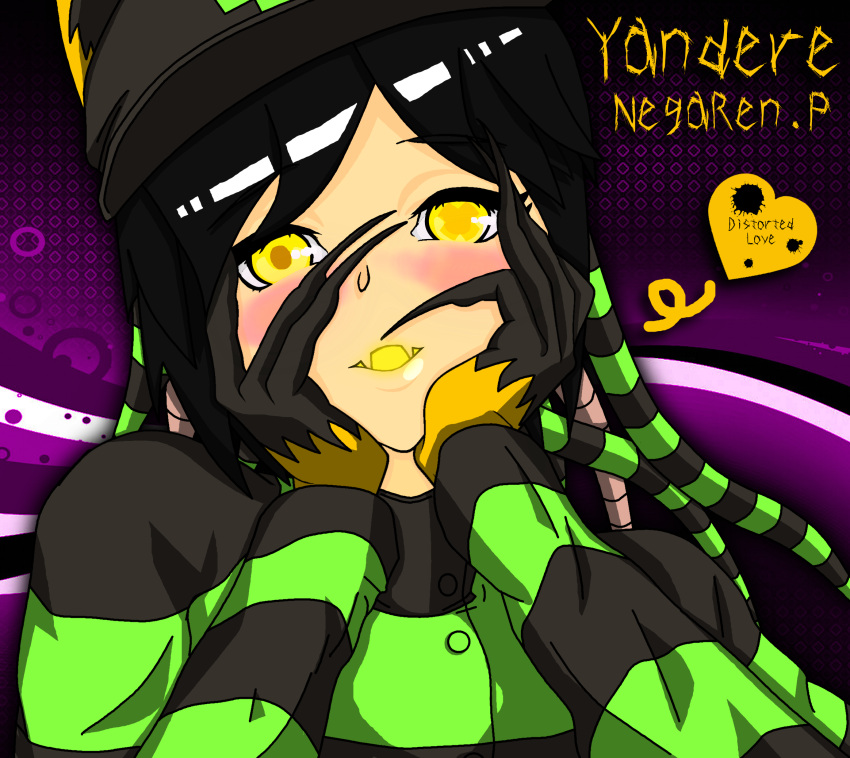 animal_ears, anime_coloring, asymmetrical_eyes, black_dress, black_hair, black_hands, black_hat, blush, colored_extremities, cross, djkurara_various, dress, drop_shadow, english_text, fang, fingernails, fox_ears, glowing_mouth, green_dress, hair_extensions, hair_tubes, hat, heart, highres, lapfox_trax, long_fingernails, negaren, parody, personification, pupils, purple_background, skin_fang, striped_clothes, striped_dress, style_parody, tentacle_hair, x-shaped, yandere, yandere_trance, yellow_eyes, yellow_hands
