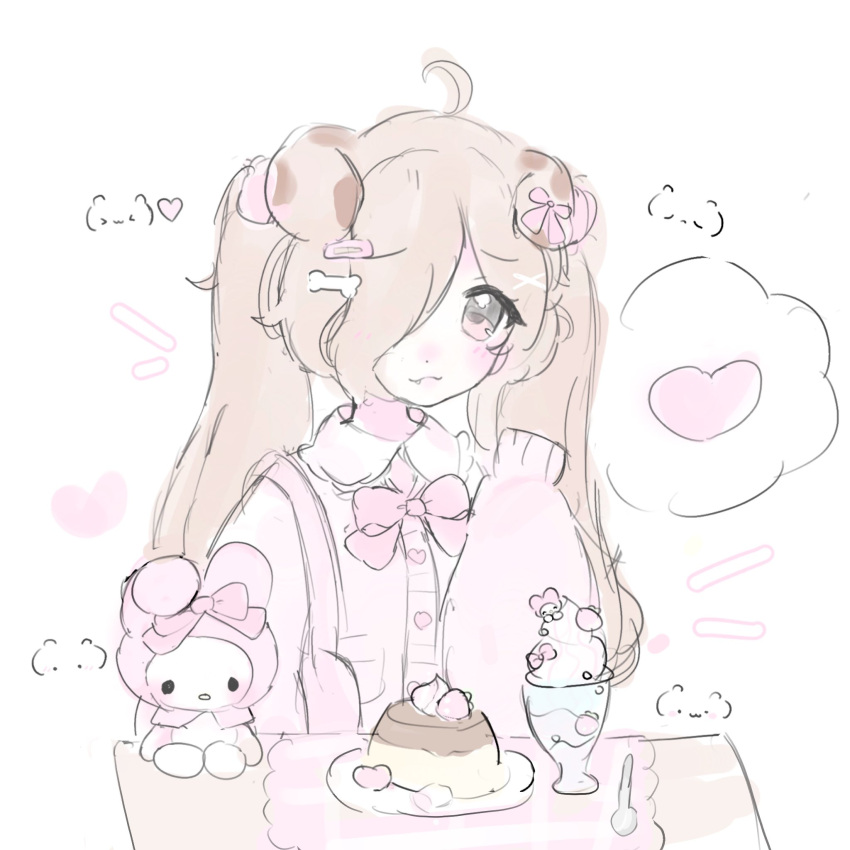 >_<, 1girl, :3, ahoge, animal_ears, bag, blush, bone_hair_ornament, bow, bowtie, brown_hair, buttons, chiyuidoll, closed_mouth, collared_jacket, commentary, dessert, dog_ears, dog_girl, dot_nose, emoticon, food, fruit, hair_ornament, hair_over_one_eye, hairclip, heart, heart_button, highres, ice_cream, jacket, kaomoji, loafers, long_hair, long_sleeves, my_melody, my_melody_(series), original, pink_bag, pink_bow, pink_bowtie, pink_eyes, pink_jacket, pudding, sanrio, shoes, shoulder_bag, spoken_heart, spoon, strawberry, stuffed_animal, stuffed_rabbit, stuffed_toy, sundae, twintails, untranslatable_commentary, whipped_cream, white_background, x_hair_ornament