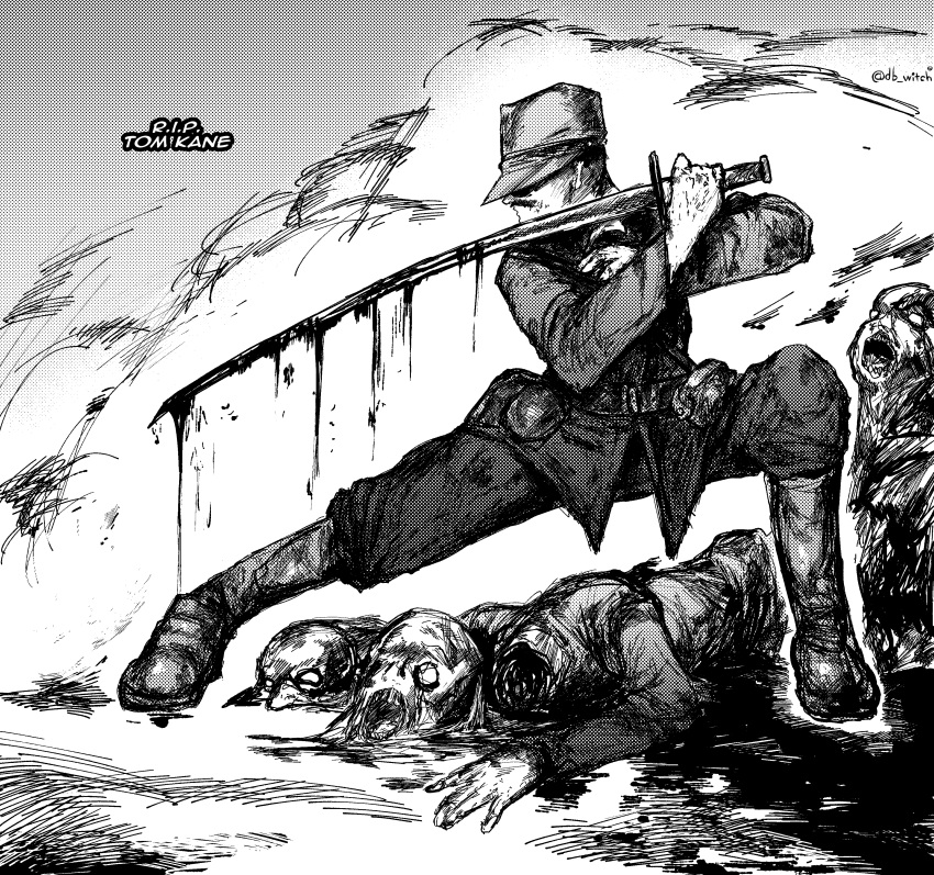 1boy, absurdres, batting_stance, ben-day_dots, blood, blood_on_weapon, call_of_duty, call_of_duty_zombies