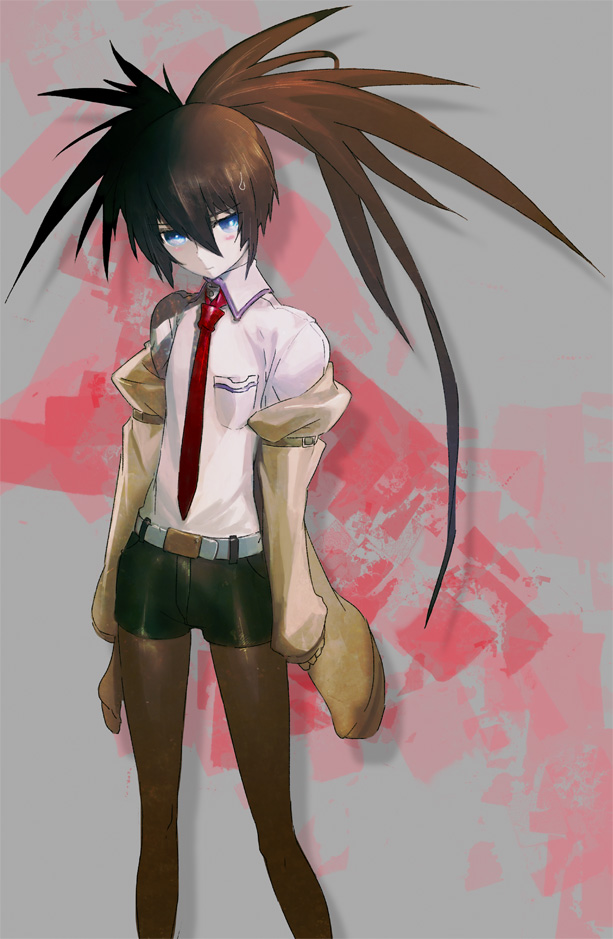awkward, belt, black_legwear, black_rock_shooter, black_rock_shooter_(character), black_rock_shooter_(game), blue_eyes, blush