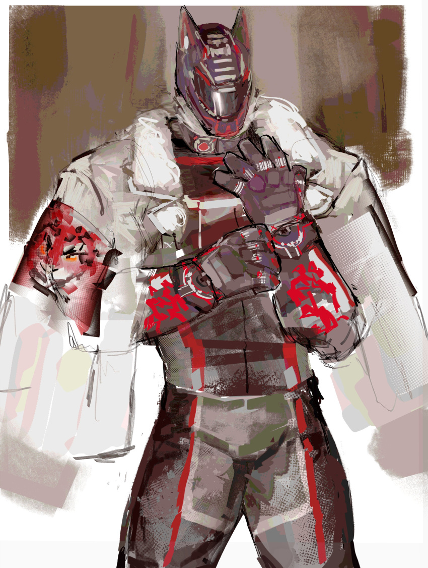 0_0ffline, 1boy, absurdres, arknights, black_bodysuit, black_gloves, black_helmet, bodysuit