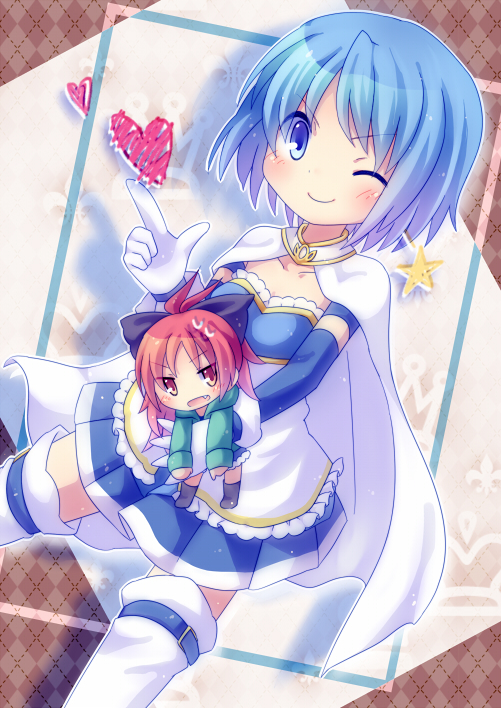 bad_id, blue_eyes, blue_hair, blush, boots, bow, cape, fang