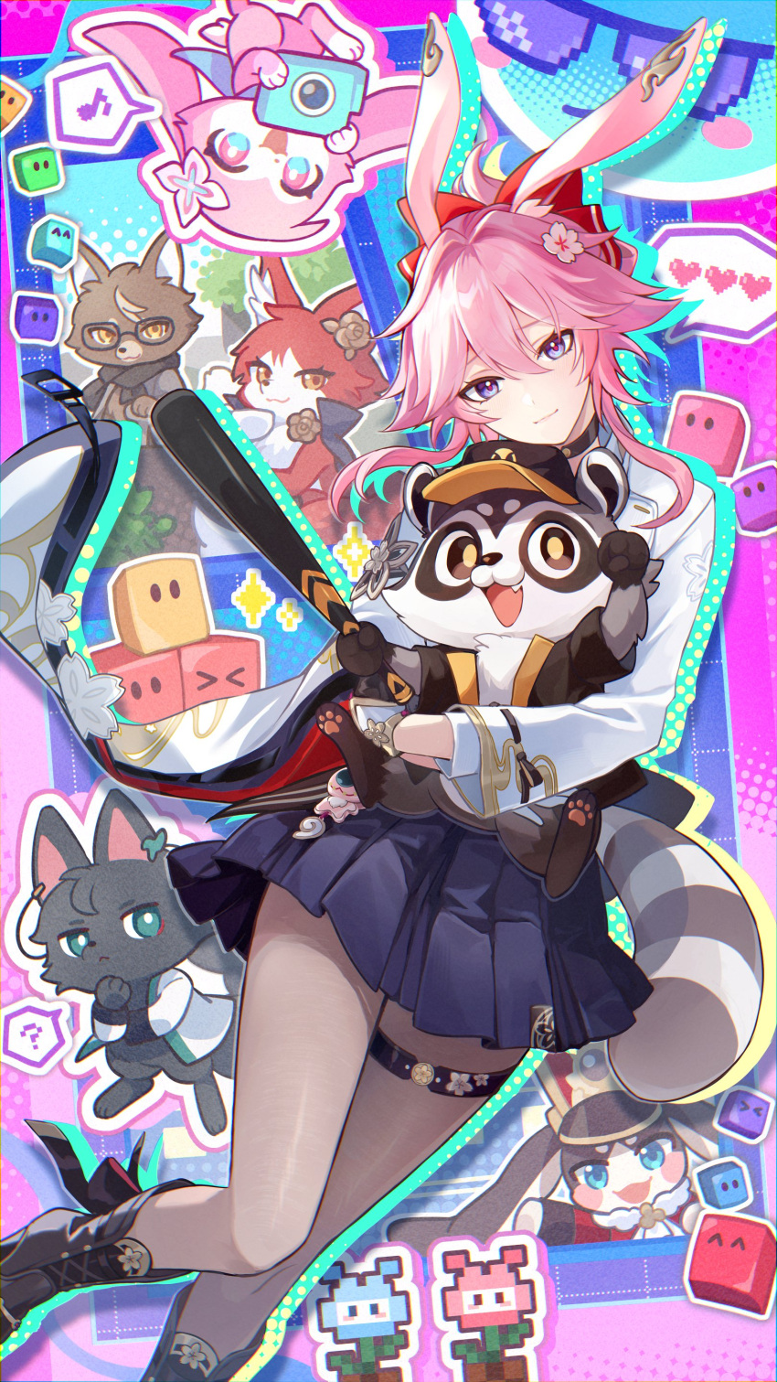 2boys, 2girls, 8_(e_uu88), absurdres, baseball_bat, black_boots, black_pantyhose, black_skirt