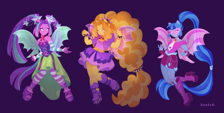 3girls, absurdly_long_hair, adagio_dazzle, adagio_dazzle_(human), animal_ears, aqua_sleeves, aqua_streaks, aqua_tail, aria_blaze, aria_blaze_(human), artist_name, bare_arms, bare_legs, bare_shoulders, belt, black_shirt, blue_belt, blue_hair, boots, bracelet, breasts, brooch, capri_pants, choker, closed_mouth, collarbone, colored_skin, commentary, contrapposto, cross-laced_clothes, cross-laced_top, curtained_hair, demon_wings, detached_sleeves, dress, english_commentary, equestria_girls:_rainbow_rocks, eyeshadow, film_grain, fingerless_gloves, frilled_dress, frilled_skirt, frills, full_body, gem, gloves, glowing, goggles, green_skirt, green_wings, hair_ornament, hair_tie, hands_up, high-waist_skirt, high_heel_boots, high_heels, highres, horse_ears, horse_girl, horse_tail, iksiudodi, jacket, jewelry, knee_boots, knees_together_feet_apart, leggings, long_hair, looking_ahead, makeup, miniskirt, multicolored_hair, multiple_girls, my_little_pony, my_little_pony:_equestria_girls, my_little_pony:_friendship_is_magic, necktie, off-shoulder_shirt, off_shoulder, official_alternate_costume, open-toe_shoes, open_clothes, open_jacket, orange_hair, overskirt, pants, parted_bangs, pencil_skirt, pendant_choker, pink-tinted_eyewear, pink_boots, pink_dress, pink_eyes, pink_gloves, pink_leggings, pink_shirt, pink_skin, pink_skirt, platform_boots, platform_shoes, puffy_short_sleeves, puffy_sleeves, purple_background, purple_boots, purple_eyeshadow, purple_hair, purple_jacket, purple_overskirt, purple_shoes, purple_tail, red_gem, shirt, shoes, short-sleeved_jacket, short_dress, short_sleeves, sidelocks, simple_background, skirt, sleeveless, sleeveless_dress, small_breasts, smile, sonata_dusk, sonata_dusk_(human), spiked_bracelet, spiked_hair_ornament, spikes, standing, standing_on_one_leg, star_(symbol), star_brooch, star_hair_ornament, streaked_hair, striped_clothes, striped_shirt, striped_sleeves, tail, the_dazzlings_(my_little_pony), tinted_eyewear, toes, transparent_wings, twintails, two-tone_hair, two-tone_leggings, two-tone_sleeves, v-bangs, v-shaped_eyebrows, very_long_hair, vignetting, white_leggings, white_necktie, white_sleeves, wings, yellow_skin