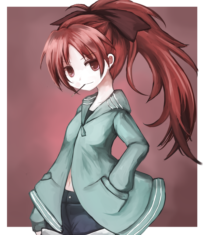 bad_id, bow, denim, denim_shorts, hair_bow, hands_in_pockets, hoodie, long_hair