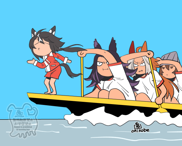 4girls, ahoge, animal_ears, arm_up, artist_logo, artist_name, beanie, behind_another