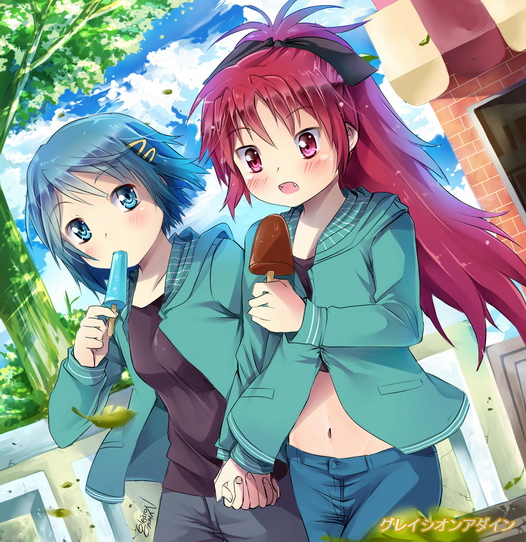alternate_costume, bad_id, blue_eyes, blue_hair, bow, fangs, gleision_adain, hair_bow, hand_holding, holding_hands, hoodie, interlocked_fingers, long_hair, mahou_shoujo_madoka_magica, midriff, miki_sayaka, multiple_girls, navel, ponytail, popsicle, popsicles, red_eyes, red_hair, redhead, sakura_kyouko, short_hair