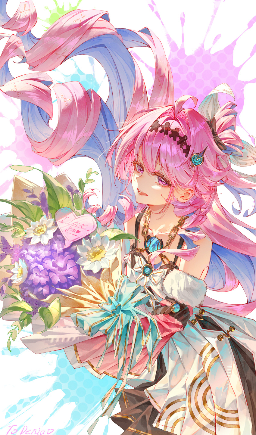 1girl, absurdres, ahoge, bare_shoulders, bouquet, chain, colored_inner_hair, commentary_request