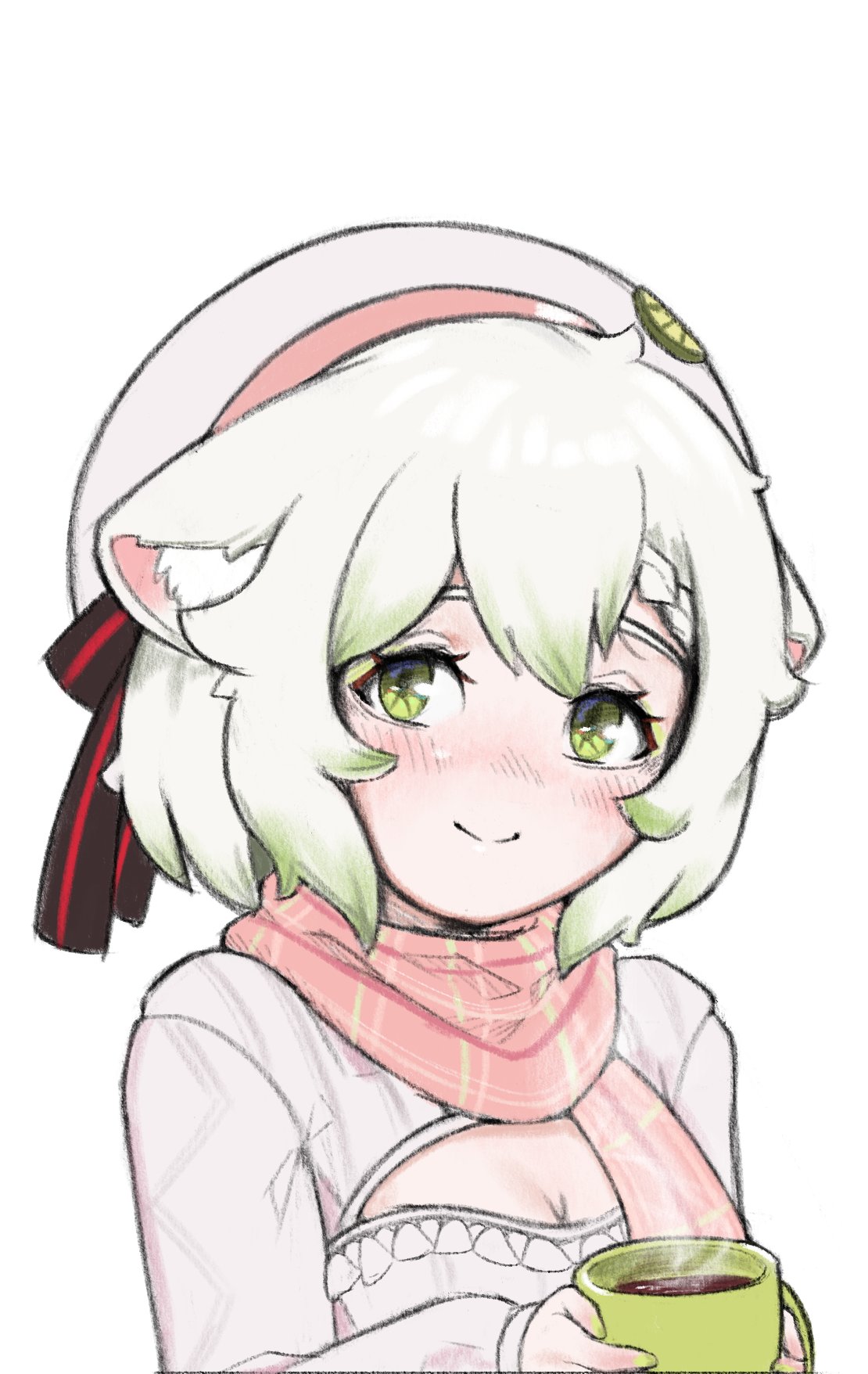 1girl, ahoge, animal_ears, cleavage_cutout, clothing_cutout, cup, ferret_ears, ferret_girl