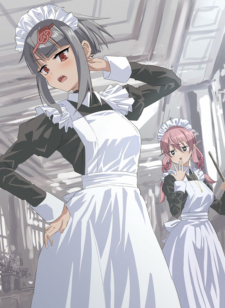 2girls, :d, apron, black_dress, breasts, collared_dress, commentary_request, dress, frilled_apron, frills, grey_hair, hair_between_eyes, hand_to_own_mouth, hand_up, highres, indoors, juliet_sleeves, long_hair, long_sleeves, maid, maid_apron, maid_headdress, medium_breasts, multiple_girls, naturally_detached_hair, okiru, original, pink_hair, puffy_sleeves, red_eyes, small_breasts, smile, white_apron