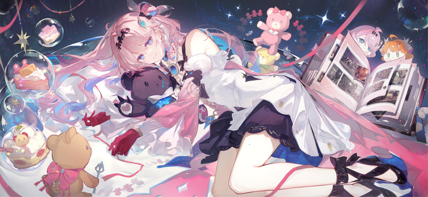 1girl, absurdres, air_bubble, bare_shoulders, black_shoes, black_skirt, blue_eyes, bubble