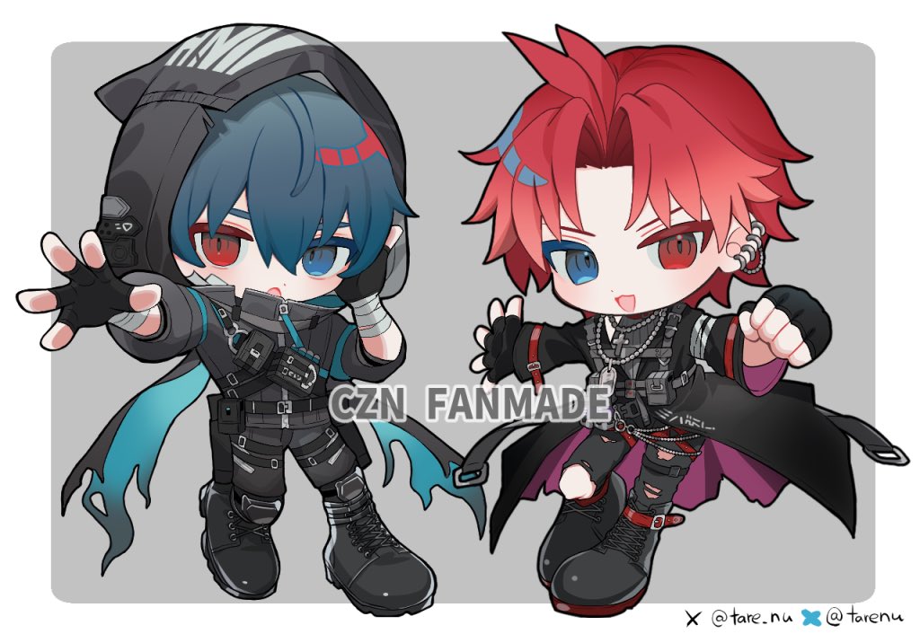 2boys, artist_name, bandaged_arm, bandages, black_gloves, black_hood, black_jacket, black_pants, black_shoes, blue_eyes, bluesky_username, brothers, chaos_zero_nightmare, chibi, commentary_request, cross, cross_necklace, earrings, fingerless_gloves, gloves, hair_between_eyes, heterochromia, hood, hood_up, hooded_jacket, jacket, jewelry, knee_pads, lucas_(chaos_zero_nightmare), luke_(chaos_zero_nightmare), male_focus, multiple_boys, necklace, open_mouth, pants, red_eyes, red_hair, shoes, short_hair, siblings, tare_(tonikaku_magaru), torn_clothes, torn_pants, twitter_username