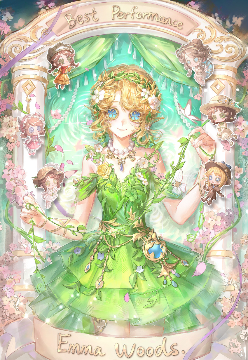 1girl, absurdres, bare_shoulders, bead_necklace, beads, belt, blonde_hair, blue_eyes