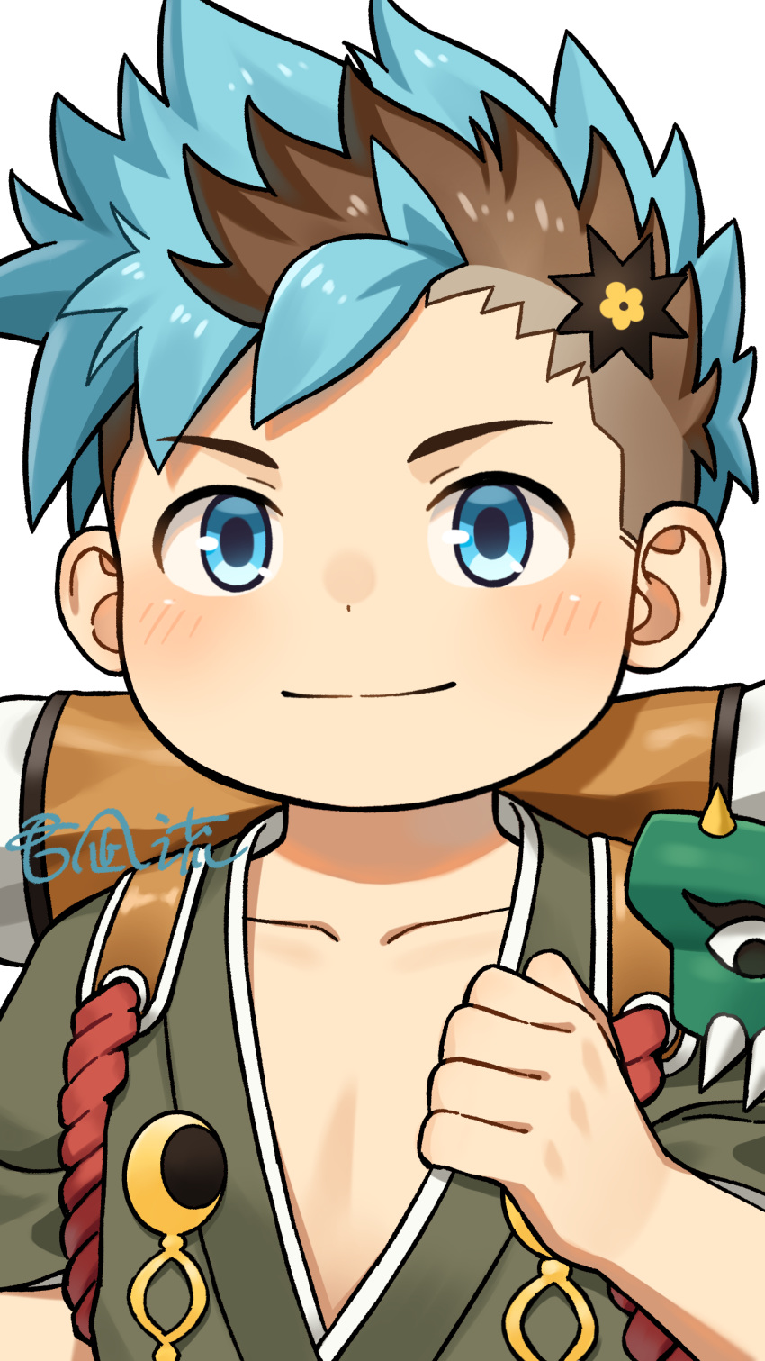 1boy, absurdres, artist_name, backpack, bag, blush, closed_mouth, green_shirt