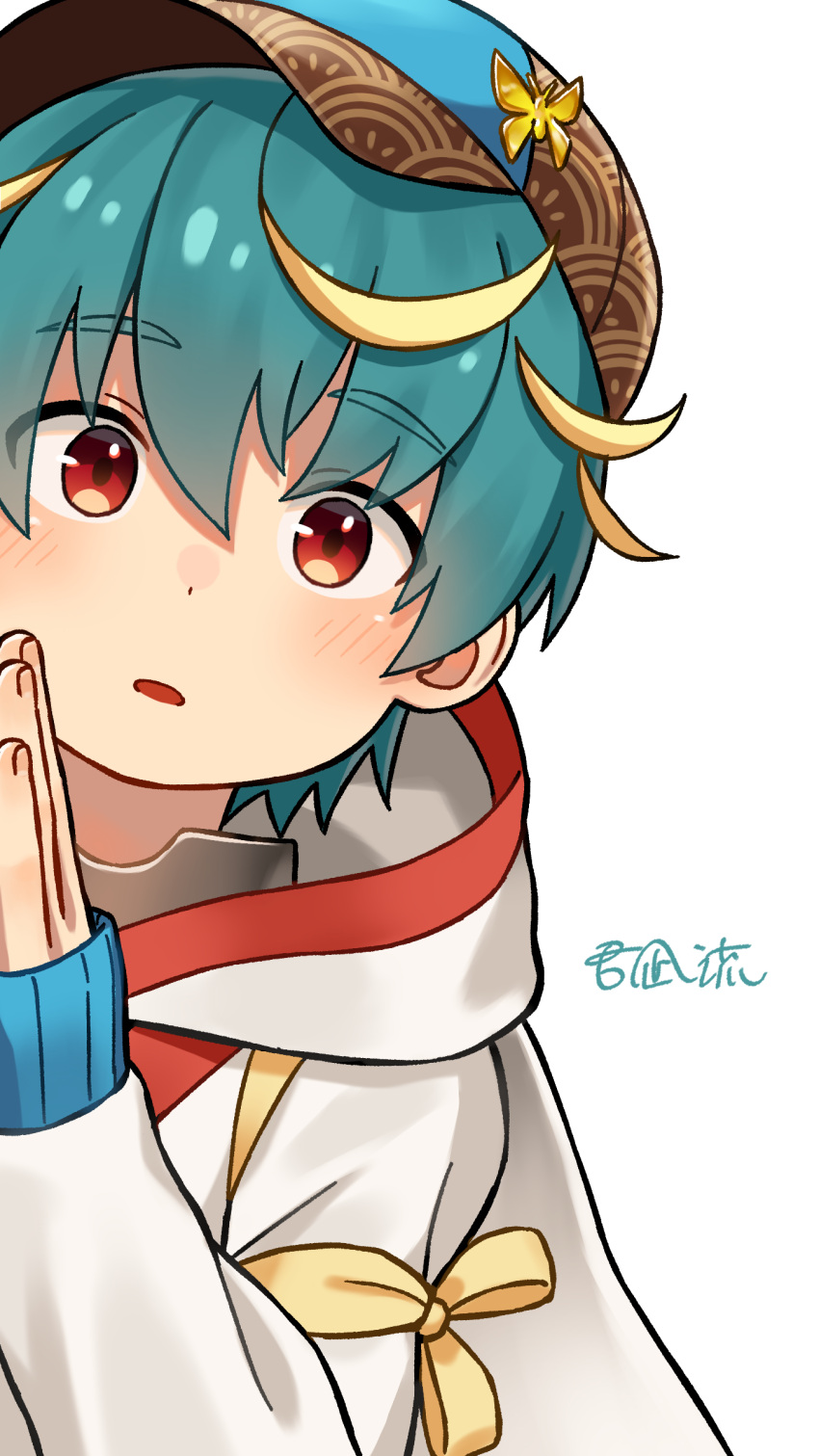 1boy, absurdres, artist_name, blue_hat, blush, butterfly_pin, hat, highres