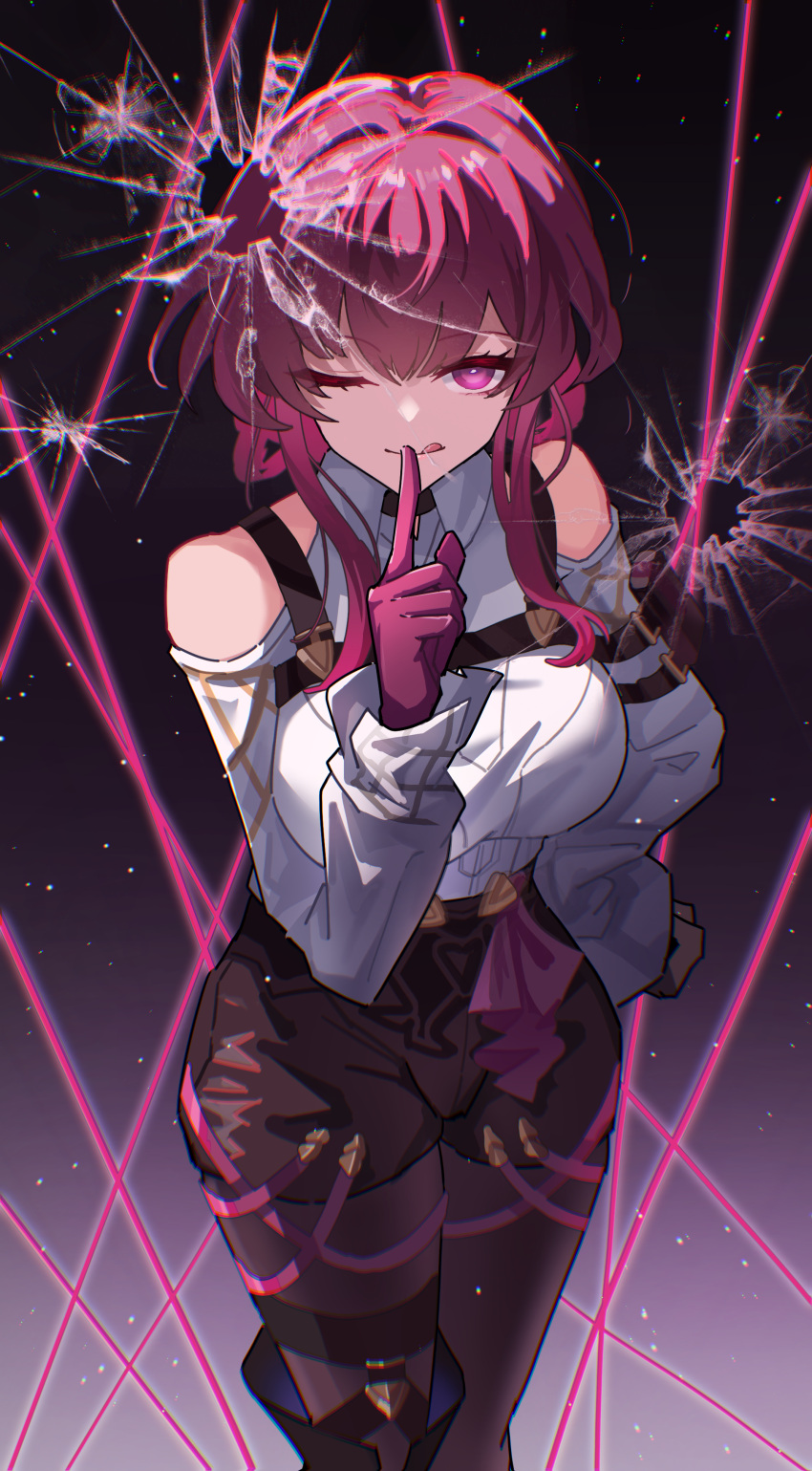 1girl, :p, ;p, absurdres, black_pantyhose, black_shorts, breasts, bullet_hole