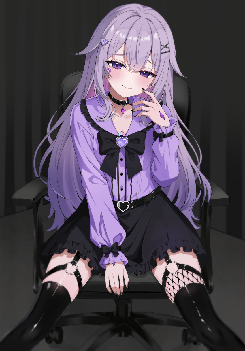1girl, absurdres, black_choker, black_skirt, black_thighhighs, blush, castellayaki, chair