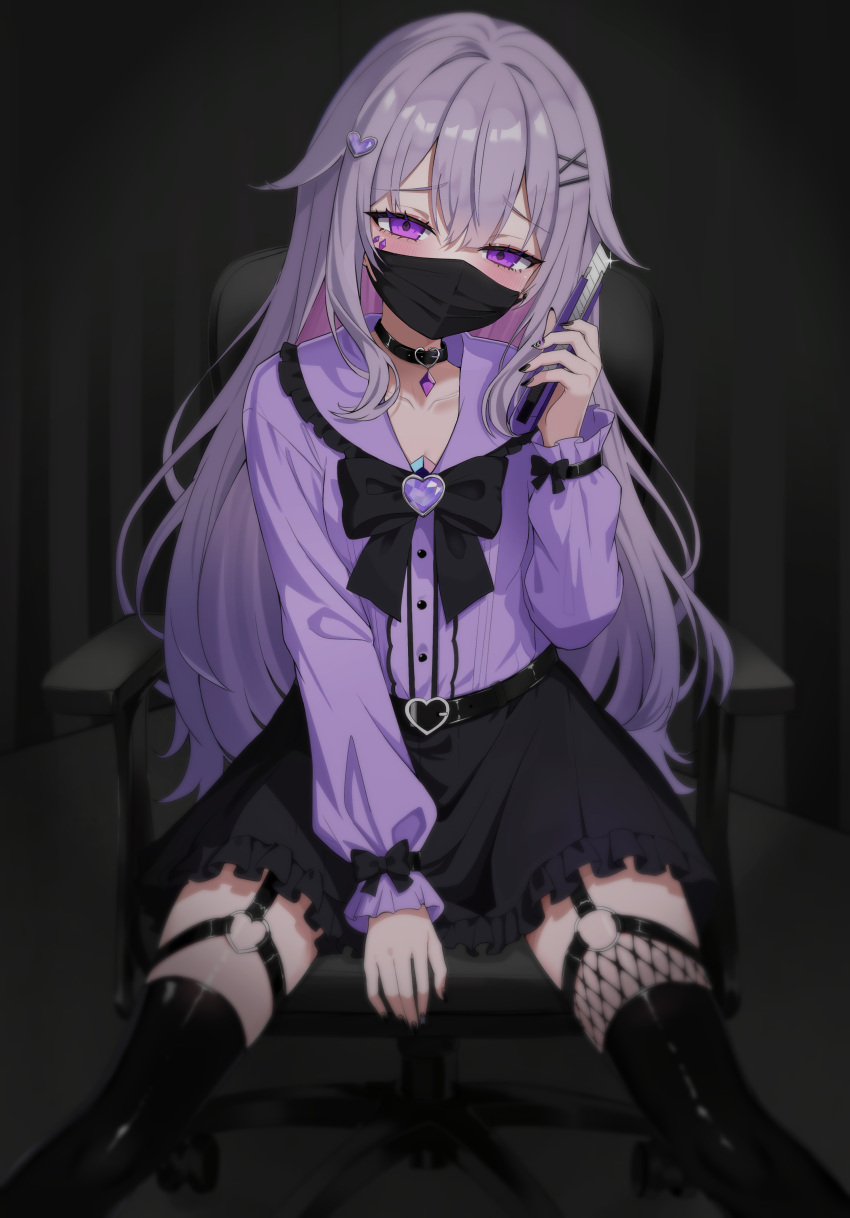 1girl, absurdres, black_choker, black_mask, black_skirt, black_thighhighs, blush, boxcutter