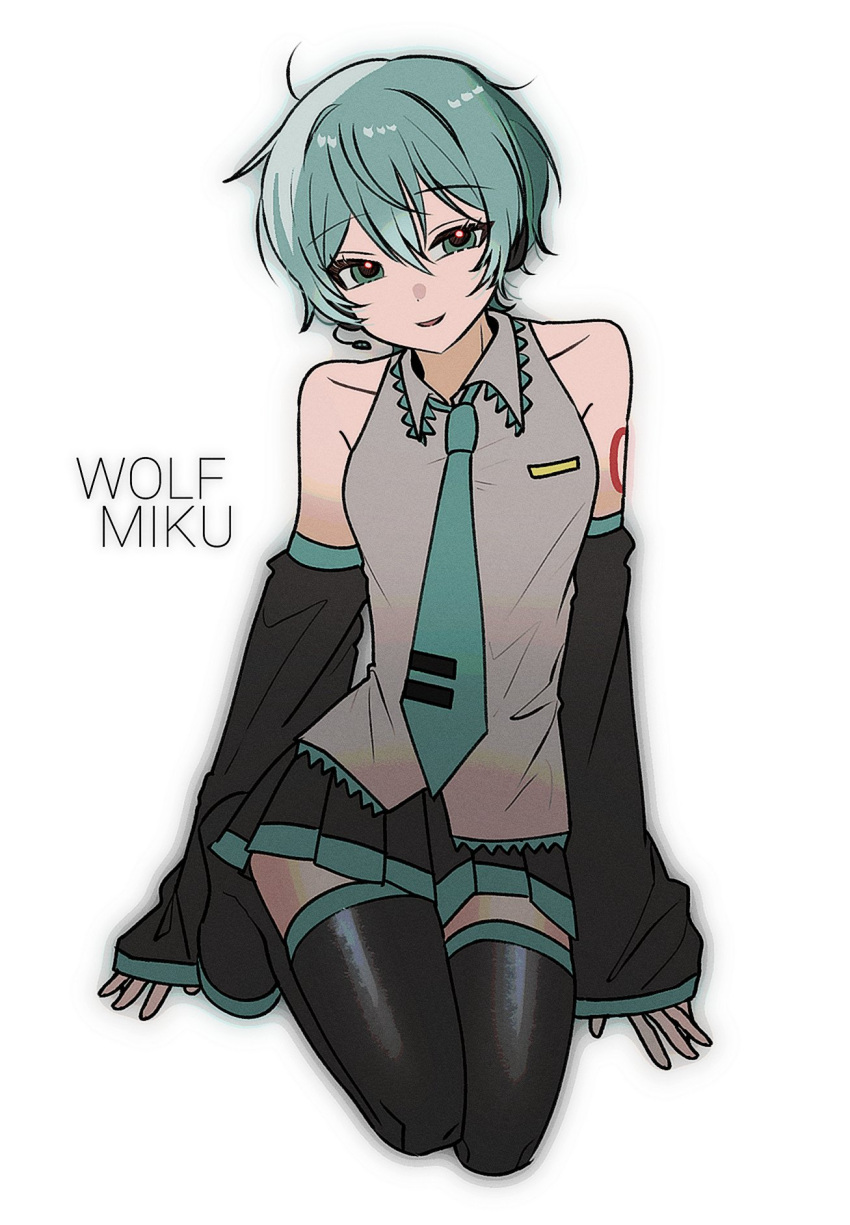 1girl, alternate_hair_length_(shorter), aqua_eyes, aqua_hair, aqua_necktie, arm_tattoo, bare_shoulders, black_boots
