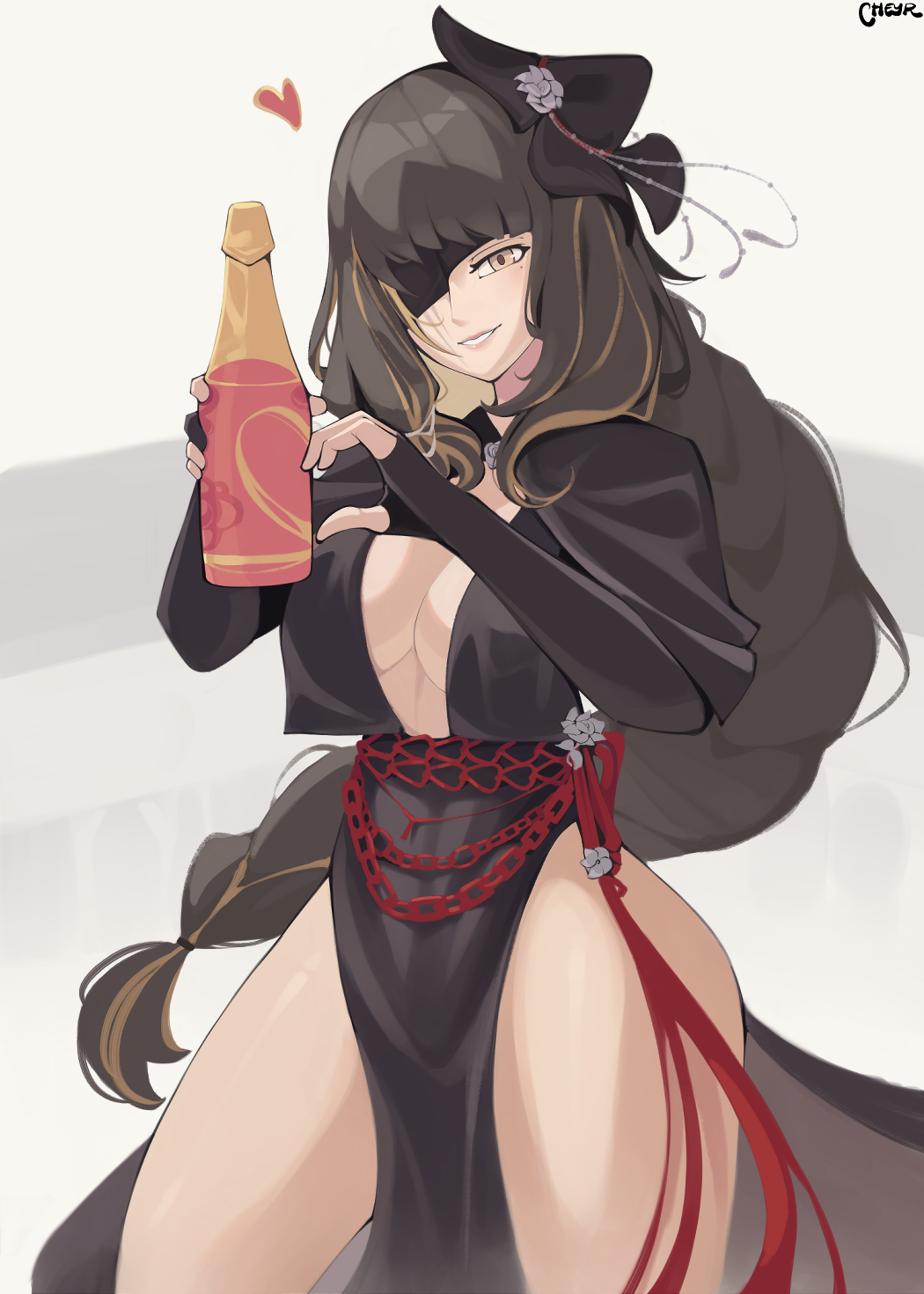 black_dress, bottle, bow, braid, breasts, brown_eyes, brown_hair, commentary