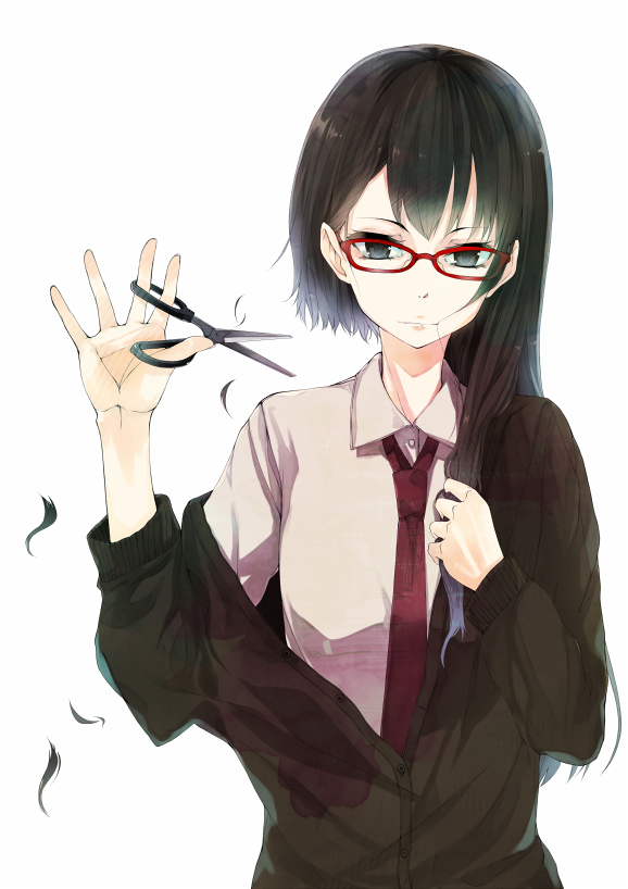 asymmetrical_hair, black_eyes, cardigan, cutting_hair, dress_shirt, female, glasses, hair_in_mouth
