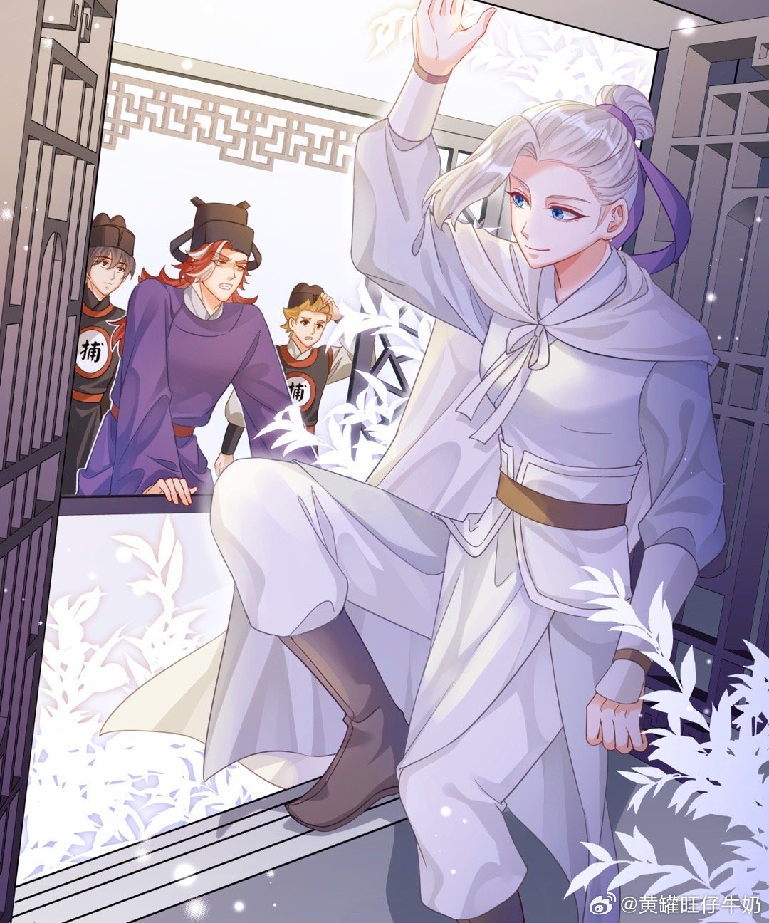 1girl, 3boys, arm_up, black_boots, black_hair, black_hat, blonde_hair, blue_eyes, boots, cape, chinian, commentary_request, grey_hair, hair_ribbon, hat, highres, jia_(the_legend_of_luoxiaohei), leaf, luye_(the_legend_of_luoxiaohei), milkkkwww, multicolored_hair, multiple_boys, plant, purple_ribbon, red_hair, ribbon, smile, solo_focus, streaked_hair, the_legend_of_luo_xiaohei, white_cape, yi_(the_legend_of_luoxiaohei)