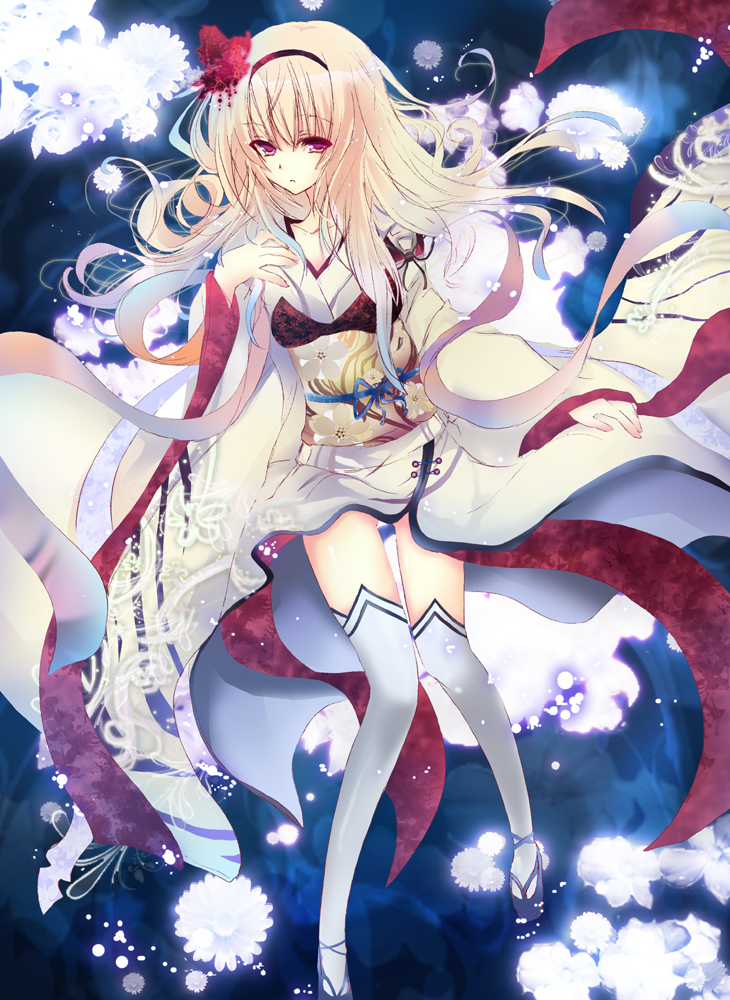 akai_katana, blonde_hair, flower, hair_flower, hair_ornament, hairband, houkiri_nemu, japanese_clothes