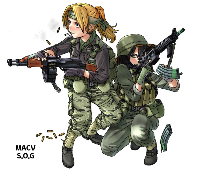 2girls, ammunition_belt, ammunition_box, ammunition_pouch, assault_rifle, black_boots, black_gloves, black_hair