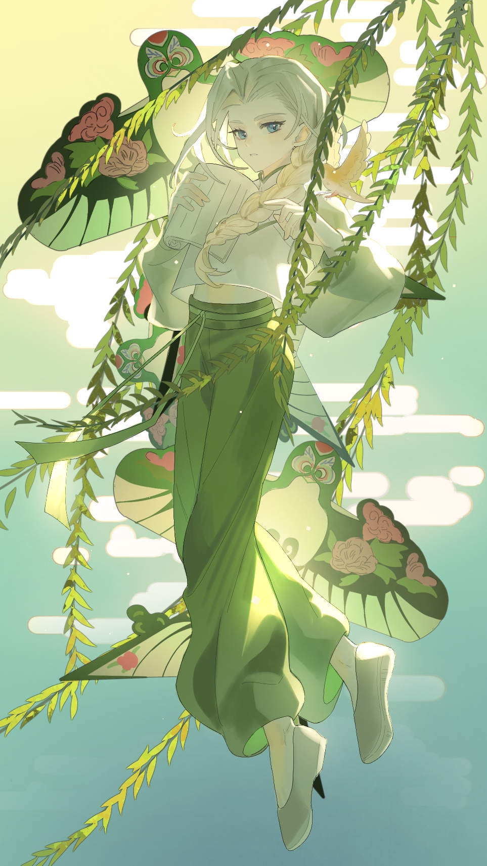 1girl, aqua_eyes, braid, braided_ponytail, commentary_request, egasumi, green_pants, grey_hair, grey_shoes, hair_over_shoulder, highres, holding, leaf, long_hair, long_sleeves, looking_at_viewer, luye_(the_legend_of_luoxiaohei), midriff, pants, parted_lips, ponytail_over_shoulder, shoes, solo, the_legend_of_luo_xiaohei, wanshan