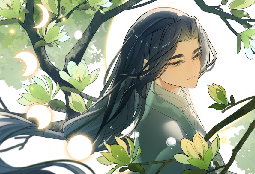 1boy, blue_hair, branch, commentary_request, expressionless, flower, green_flower, long_hair