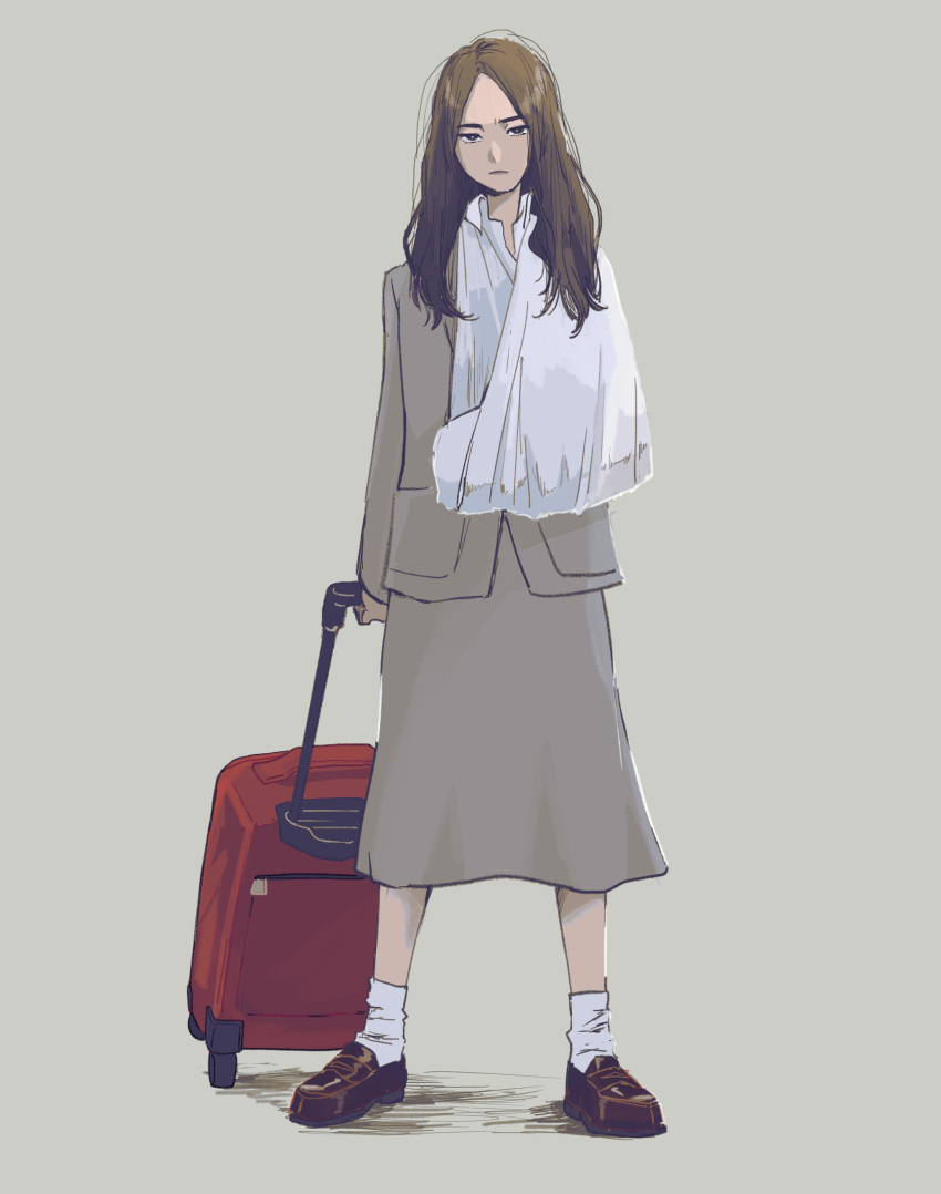 1girl, absurdres, arm_cast, arm_sling, brown_hair, brown_shoes, cast, closed_mouth